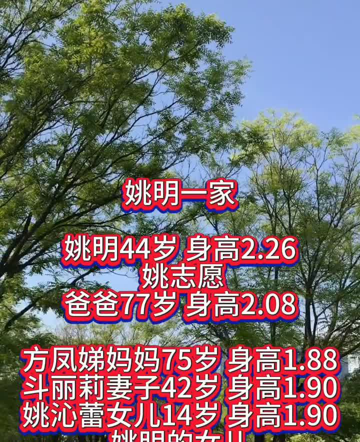 姚明一家。姚明44岁，身高2.26。爸爸77岁，身高2.08。方凤娣妈妈75