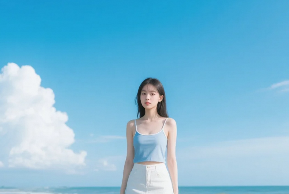 夏日的梦幻时刻，她在海边留下了最美的回忆