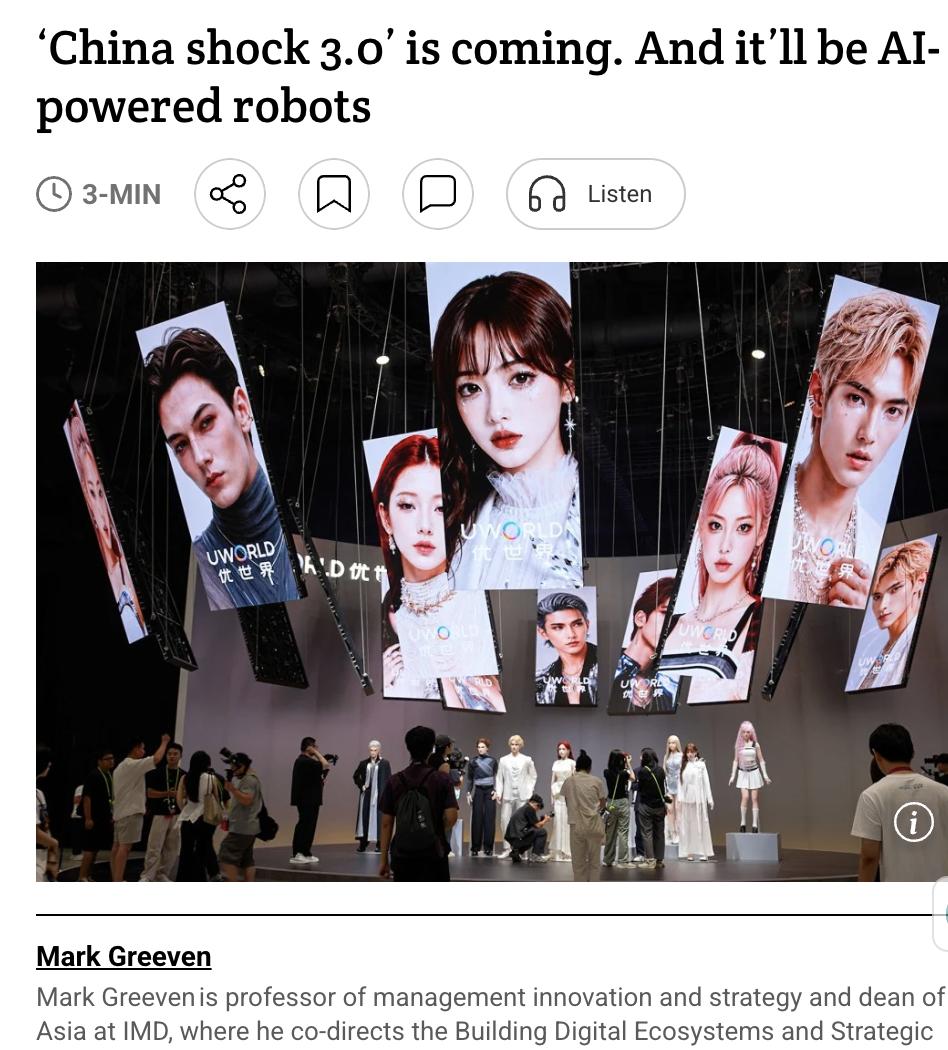 外媒："中国冲击3.0"即将到来——这次是AI驱动的机器人。前两次冲击分别是低成