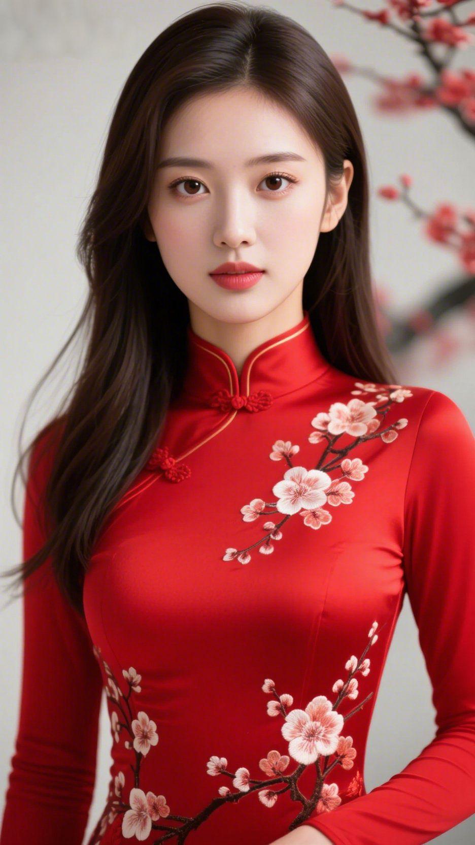 红襟绣梅裹雅柔暖光里梅香轻漫时，她着红襟绣梅旗袍静立，恰似将年节的暖与东方