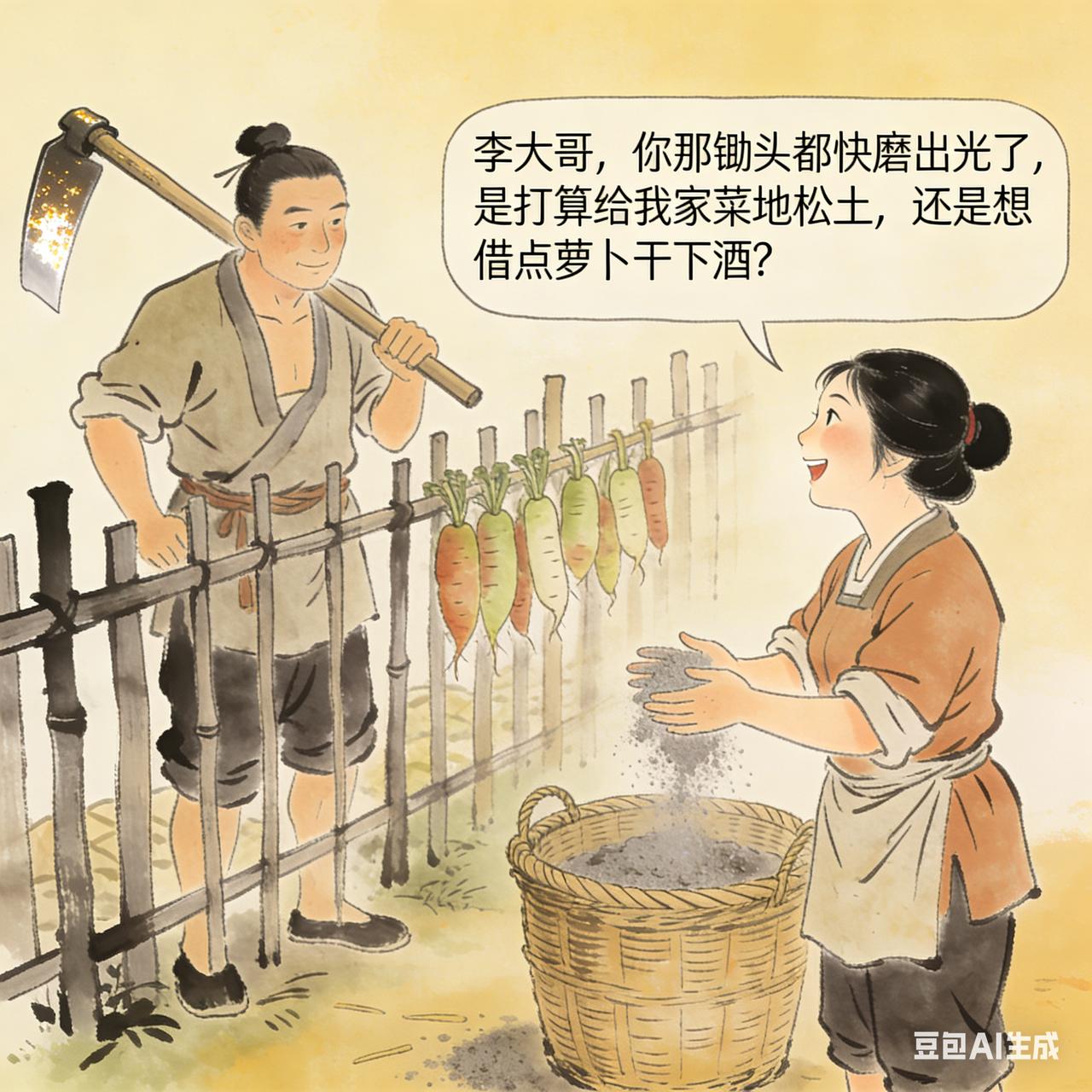 古代笑话村东头的王寡妇刚把晒好的萝卜干收进筐，就见村西的李光棍扛着锄头在篱笆