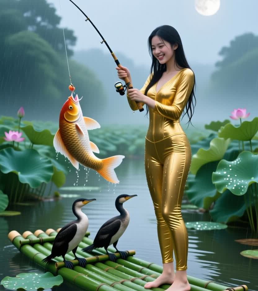 一起来钓鱼《莲塘钓趣》金裳映水立萍洲，玉饵垂丝钓锦游。月浸荷塘烟