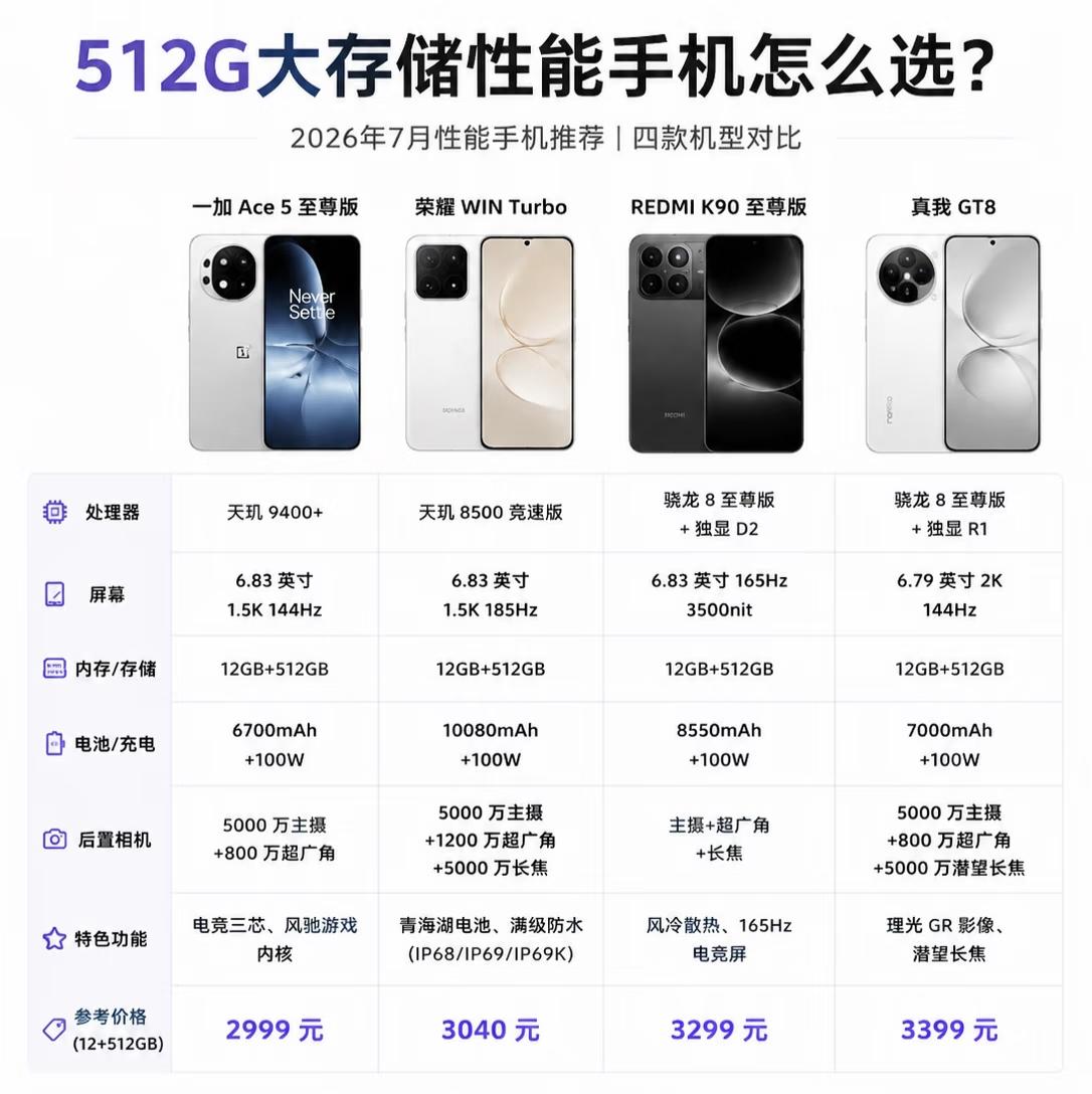 512G性能手机怎么选？四款热门机型横向对比2026年8月，大存储已成性能手