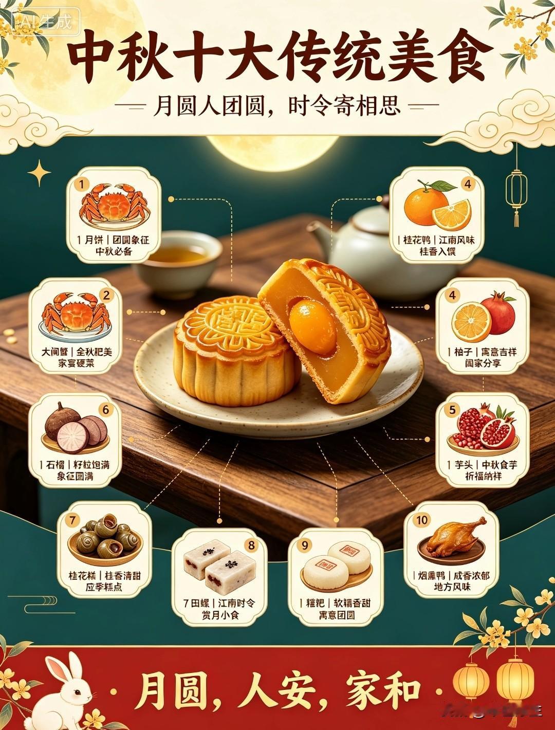 中秋十大传统美食1. 月饼2. 大闸蟹3. 桂花鸭4. 柚子5. 