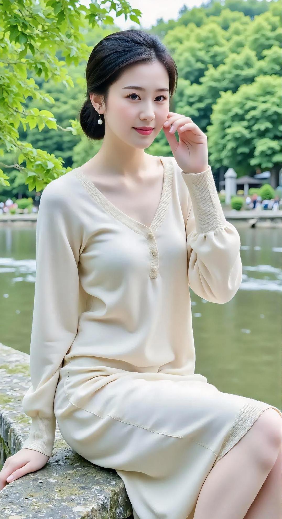 湖畔石栏坐温婉，米色衣裙映春山。盘发轻挽珍珠亮，浅笑盈盈手抚面。