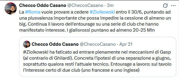 Checco：罗马想努力在6月30日之前出售齐奥尔科夫斯基，以便获得一笔可观的资