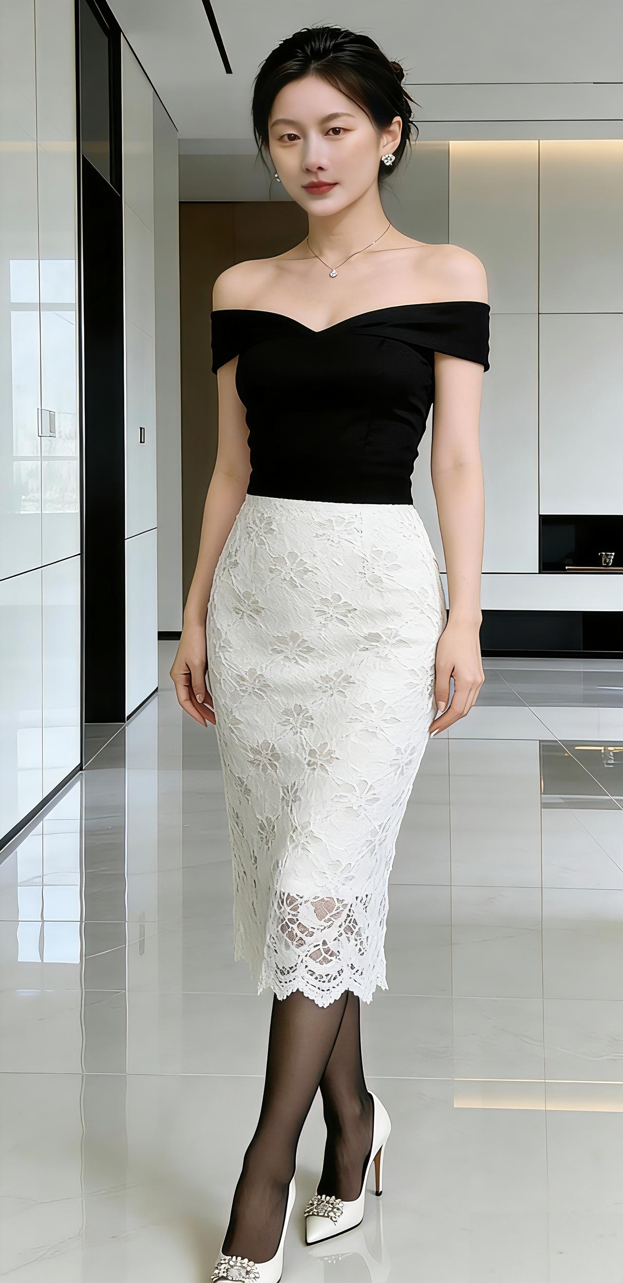 女生怎么穿搭会看上去很优雅?黑色上衣，一字肩的设计，领口处的蝴蝶结装饰又融入了