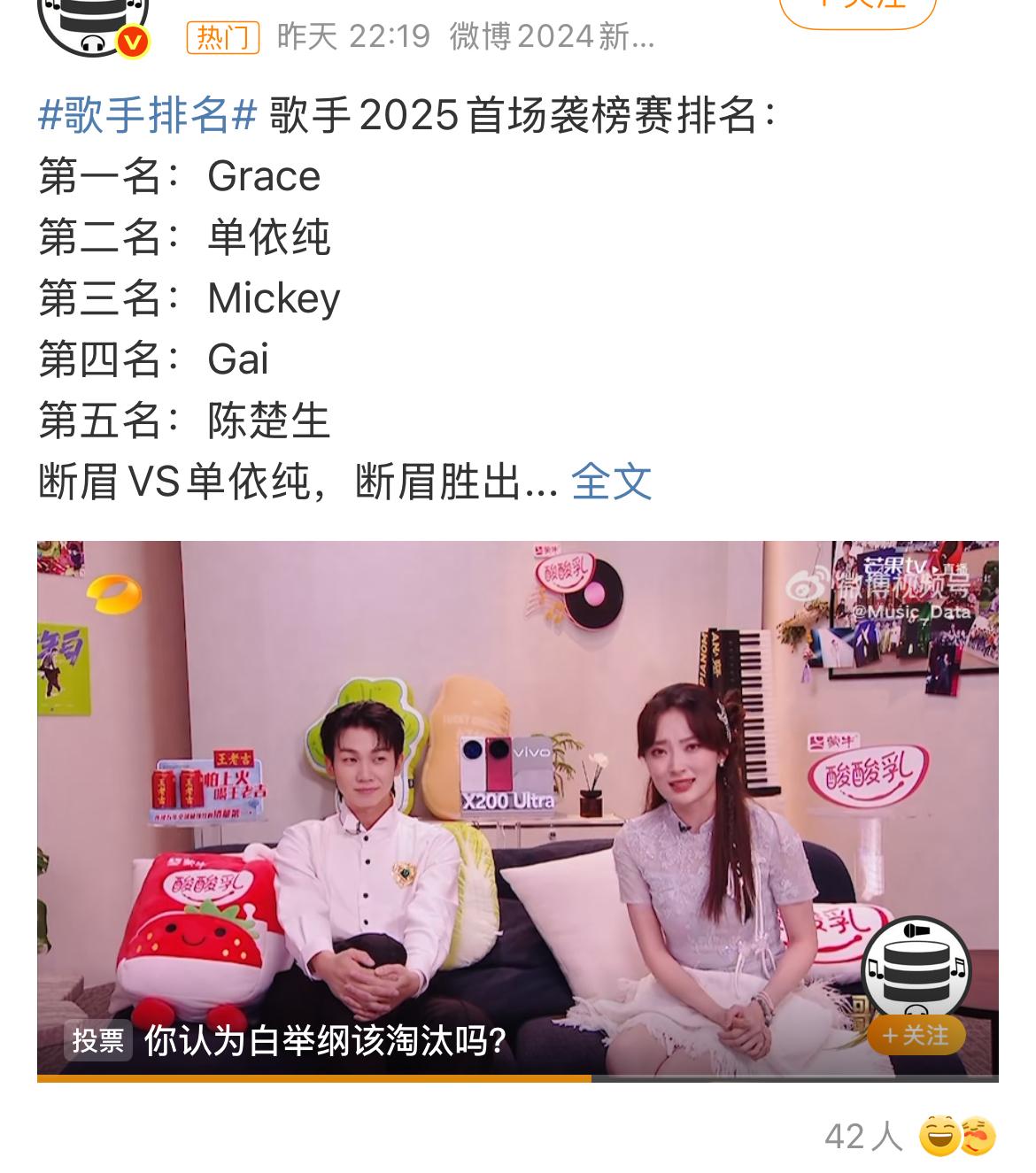 最新一期歌手排名挺莫名其妙的单依纯失误？连续两期夺得冠军，今晚居然输给了断眉
