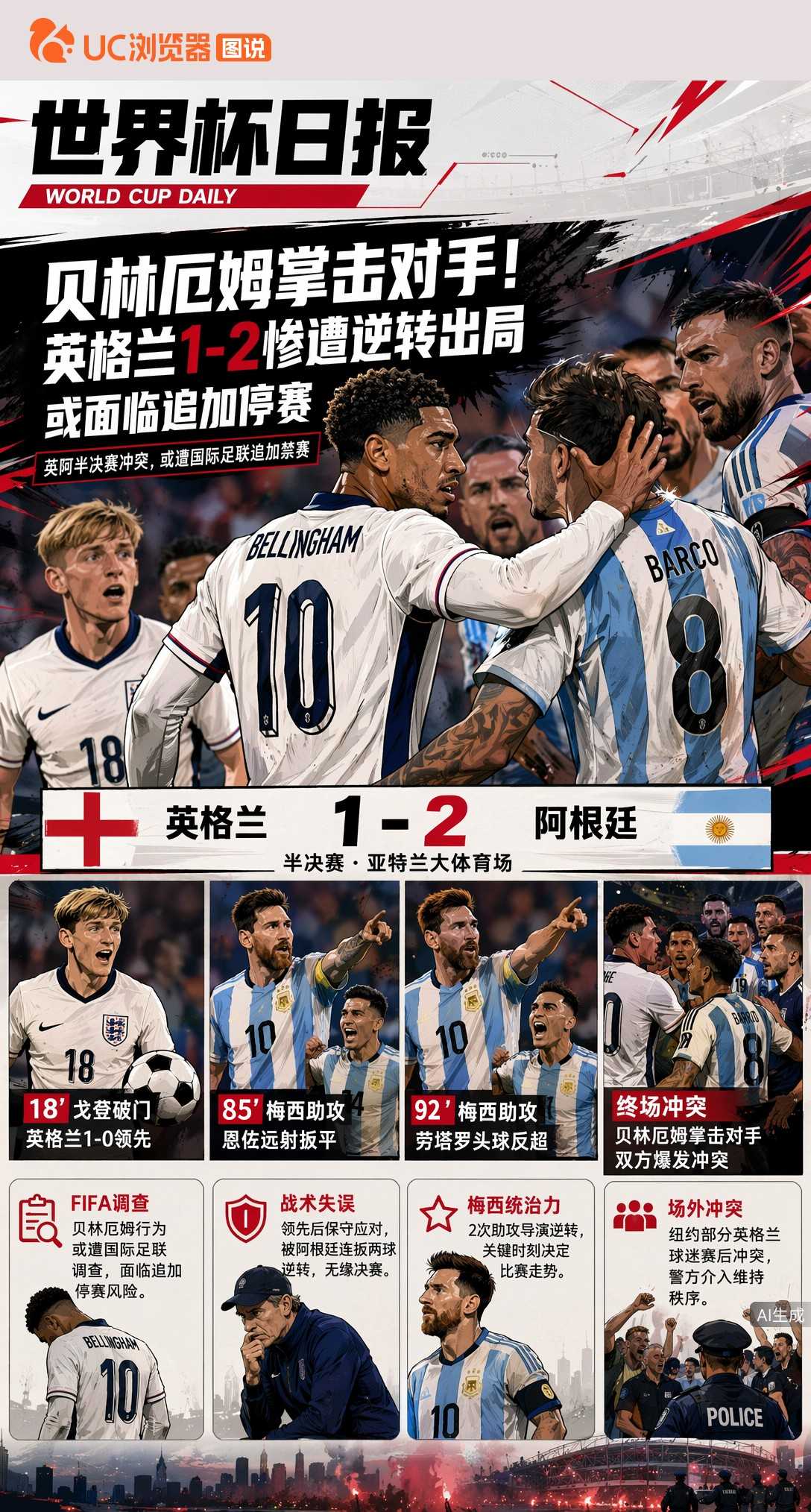 贝林厄姆掌击对手！英格兰1-2惨遭逆转出局，或面临追加停赛
