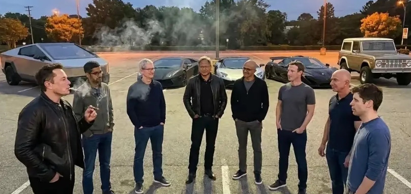 马斯克，黄仁勋，库克等站没站相，双手插兜，反观我们这边西装衬衫，笑容可掬。最