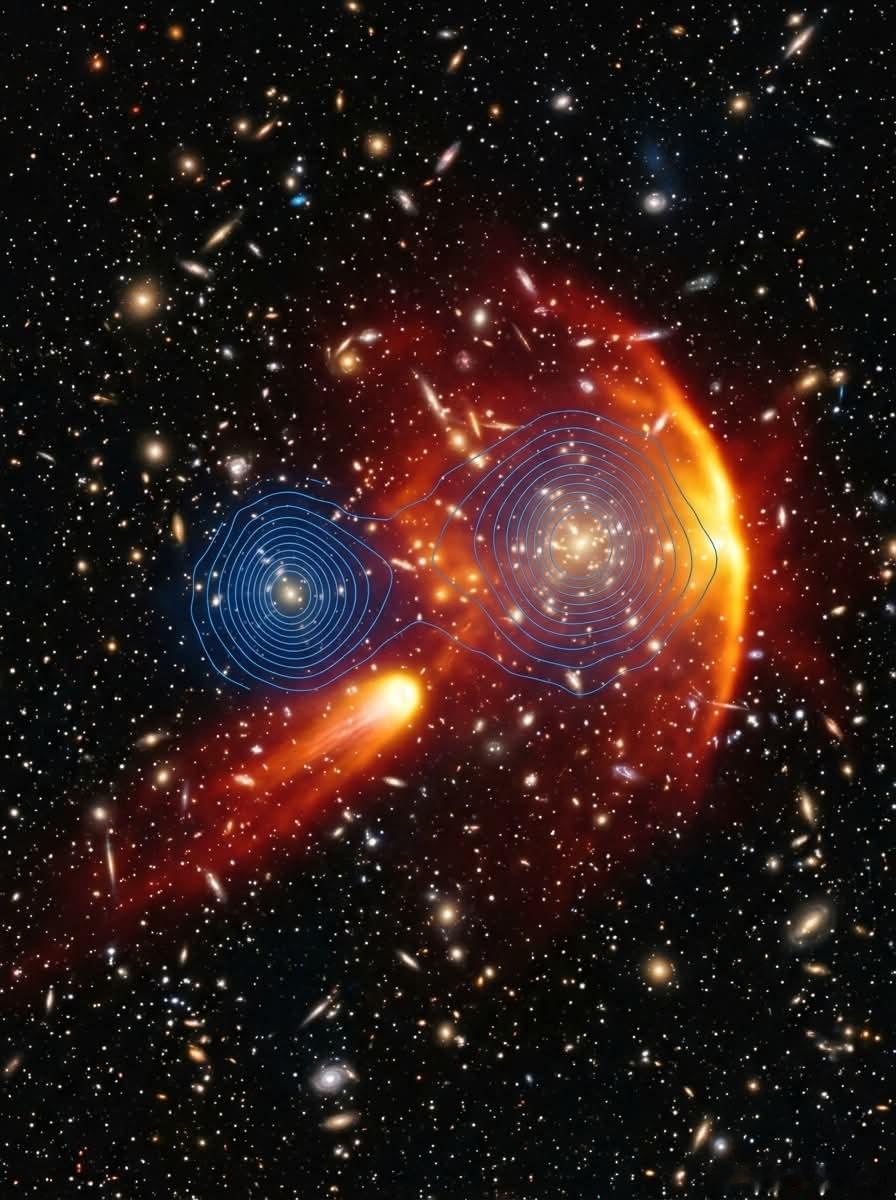 在宇宙深远的过去，大约70亿年前，两个巨大的星系团以惊人的每秒2000公里的速度
