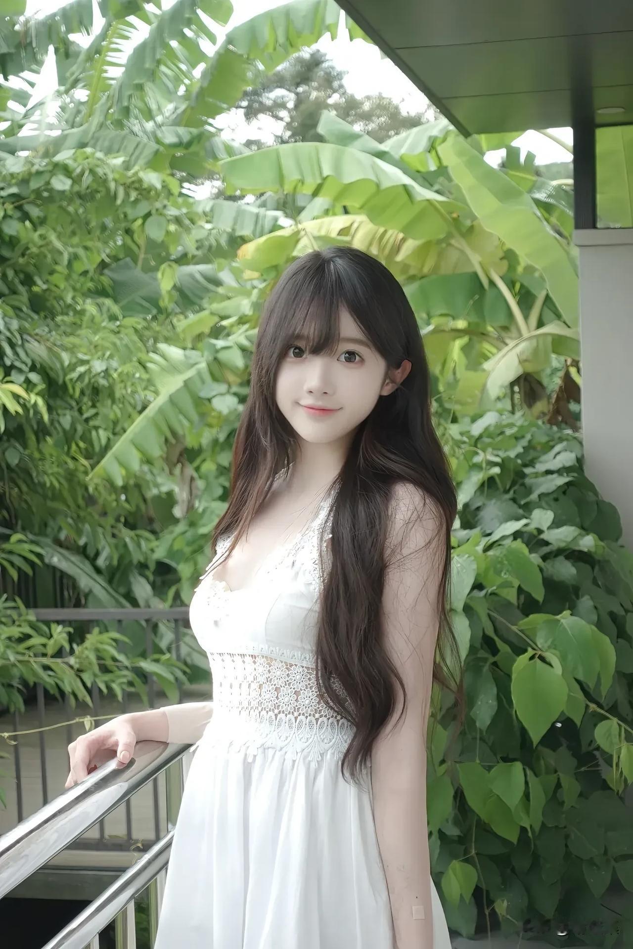 夏日清新，白裙少女与绿植相伴，自然之美