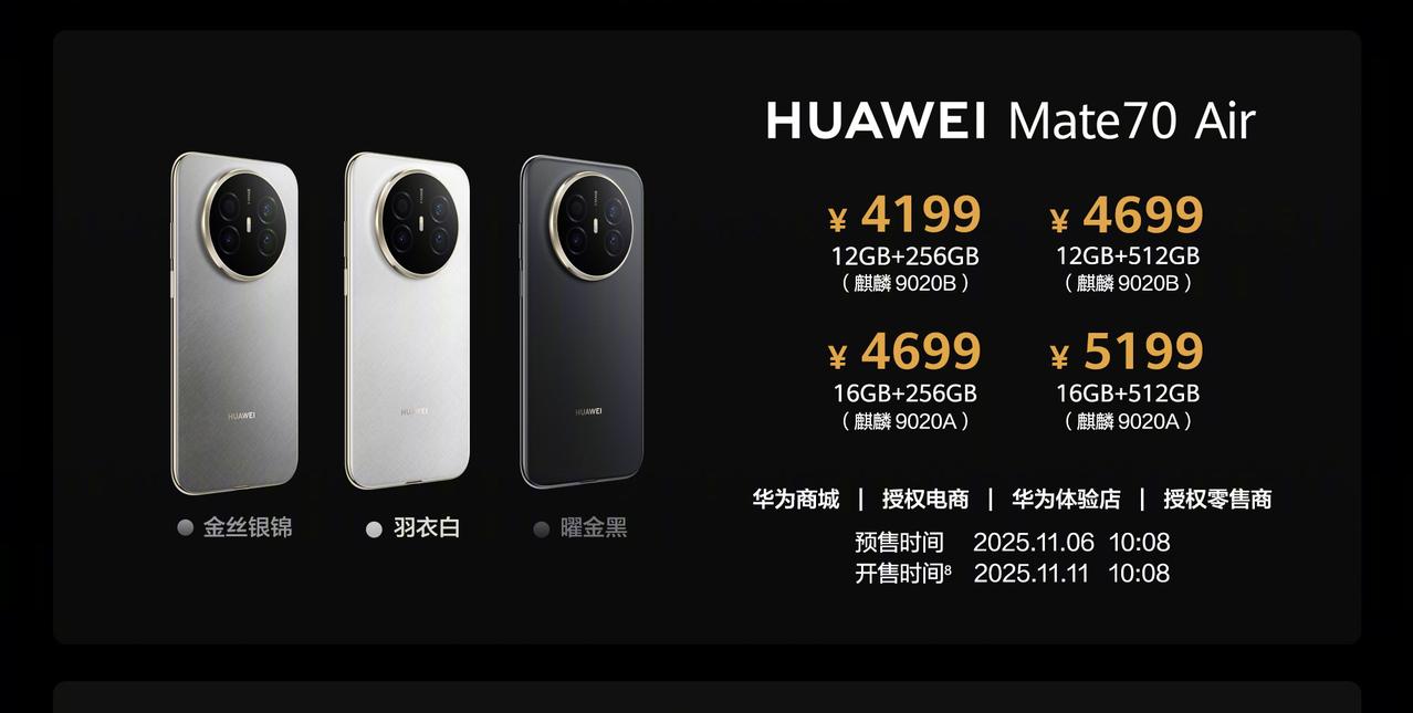 华为Mate70Air的配置和价格都公布了：-6.6毫米机身，重208克