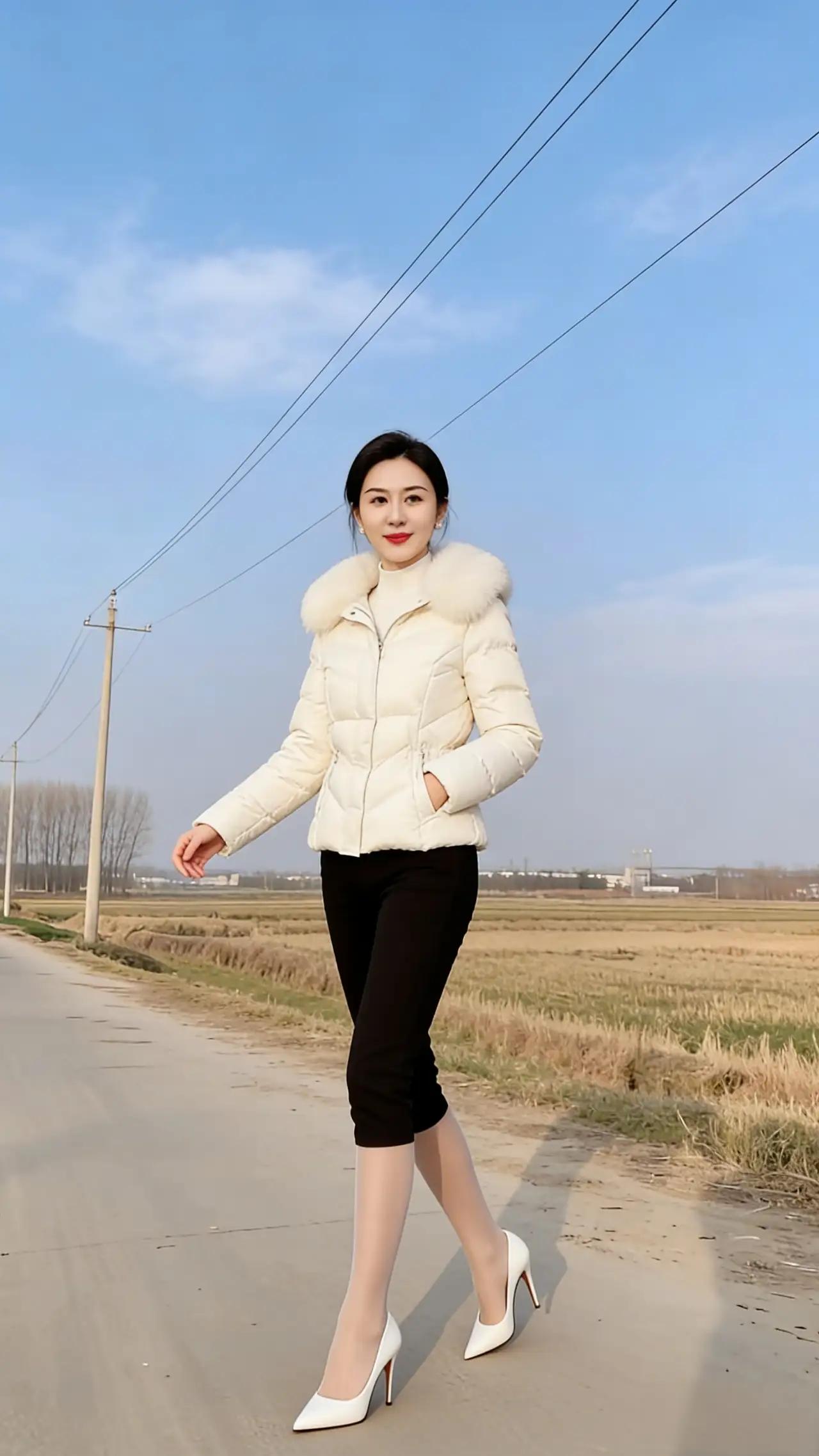 黑白搭配的穿搭绝对是最显气质的，身着白色毛领羽绒服显得整洁又高雅。搭配一条黑色七