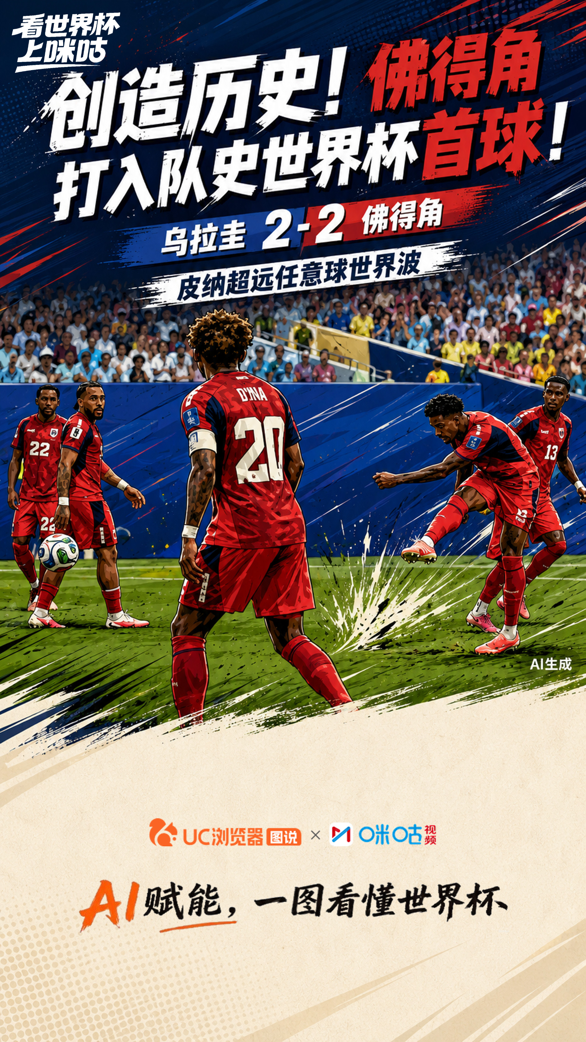 #乌拉圭2比2佛得角#打入队史首球，佛得角2-2逼平乌拉圭。咪咕与UC浏览器