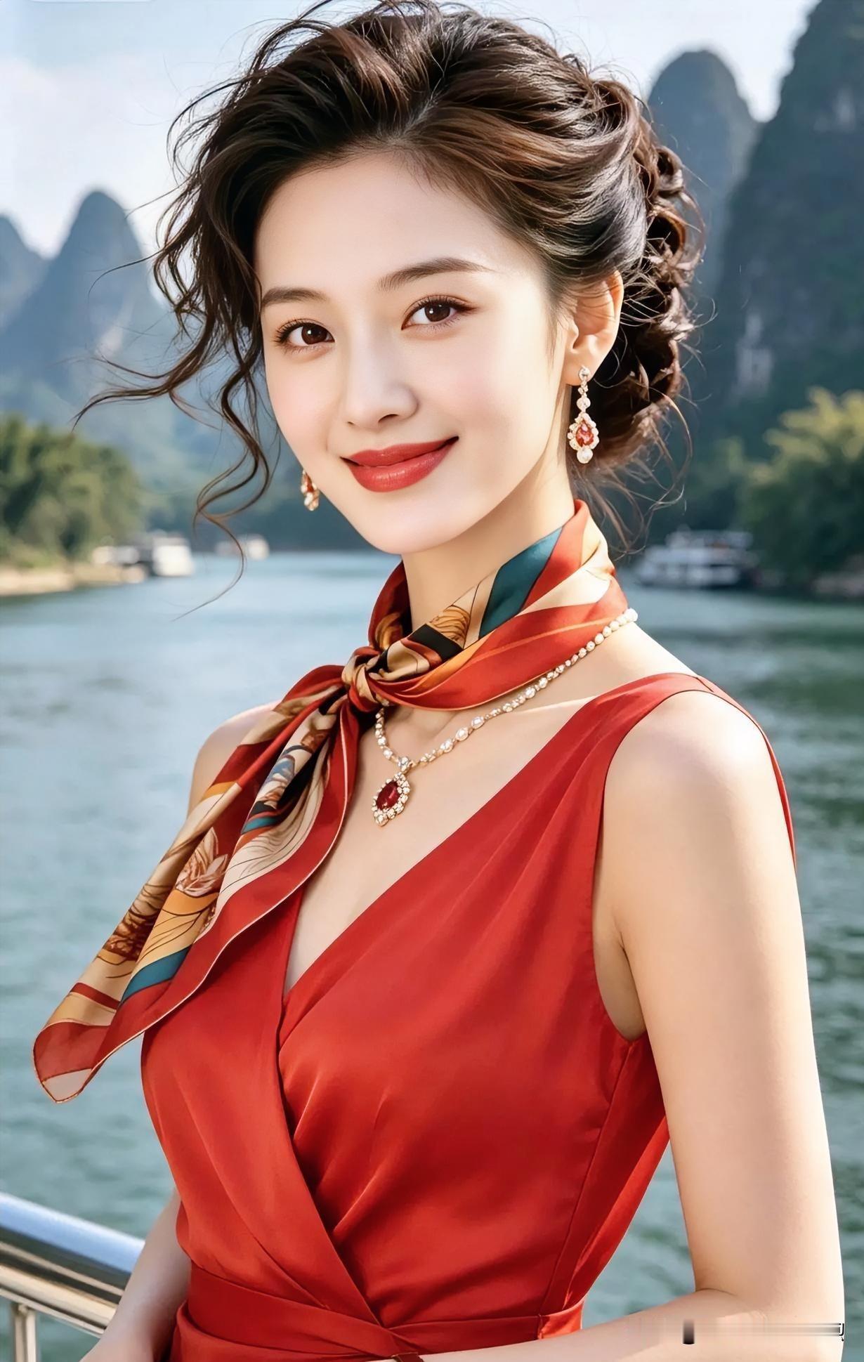 赤霞映水，丝巾漫卷如画。青峰为幕，笑靥温婉，一颦一动皆成山水间的诗意，尽显东方佳