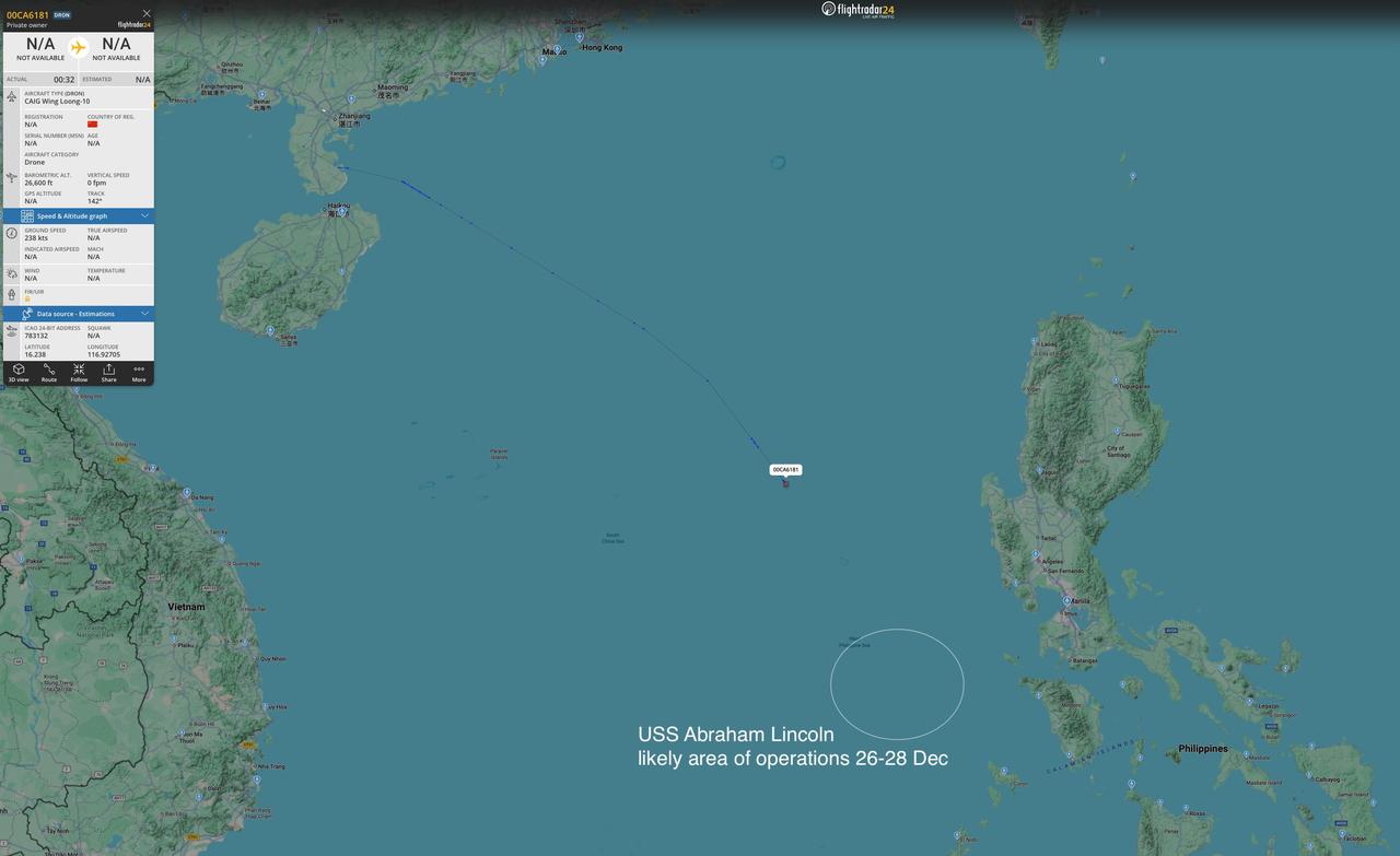 【林肯号在南海过圣诞，解放军无侦-10南下找航母】圣诞节前夕，开源情报显示美