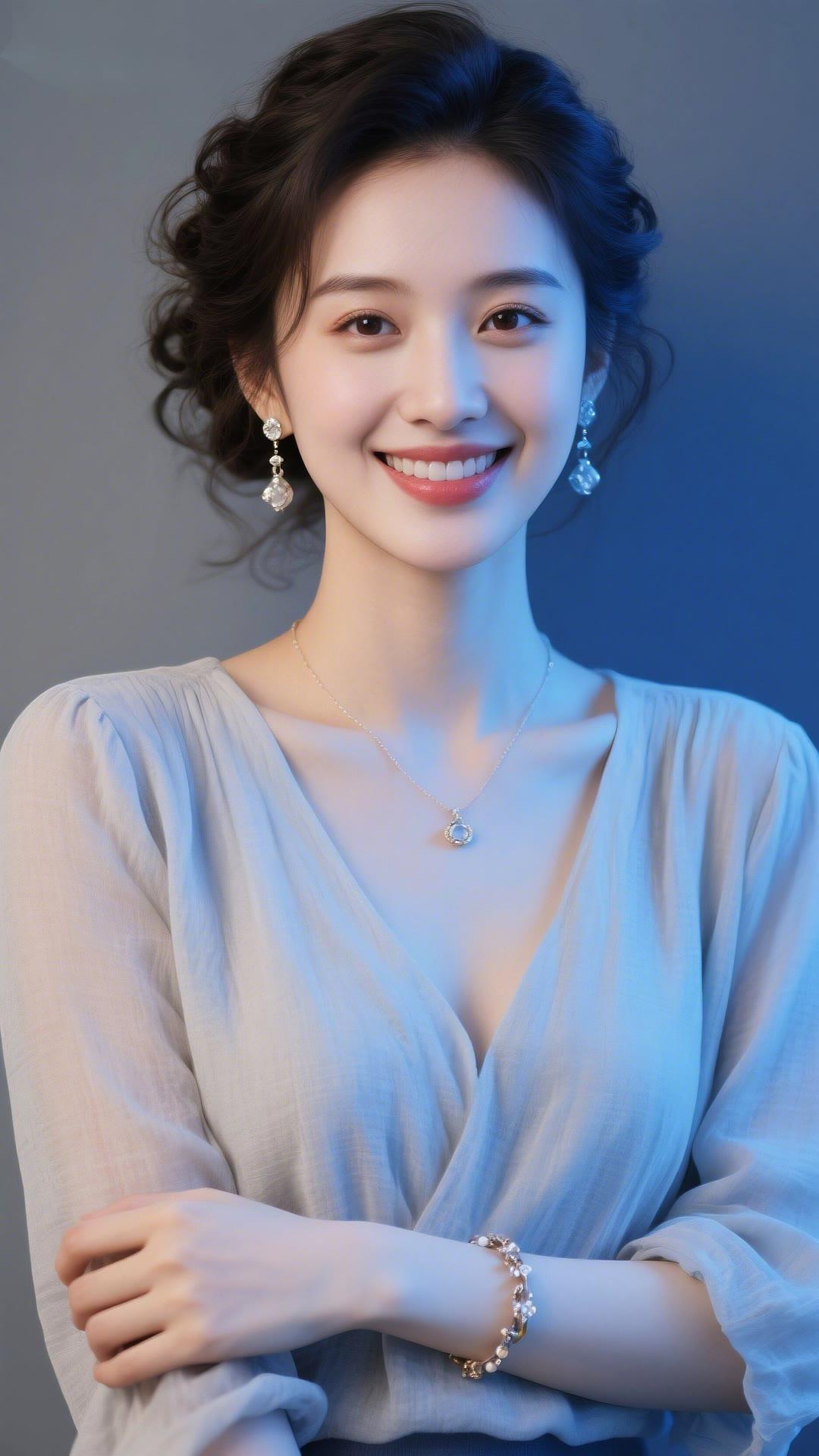 优雅微笑，气质满满，蓝光下更显迷人！