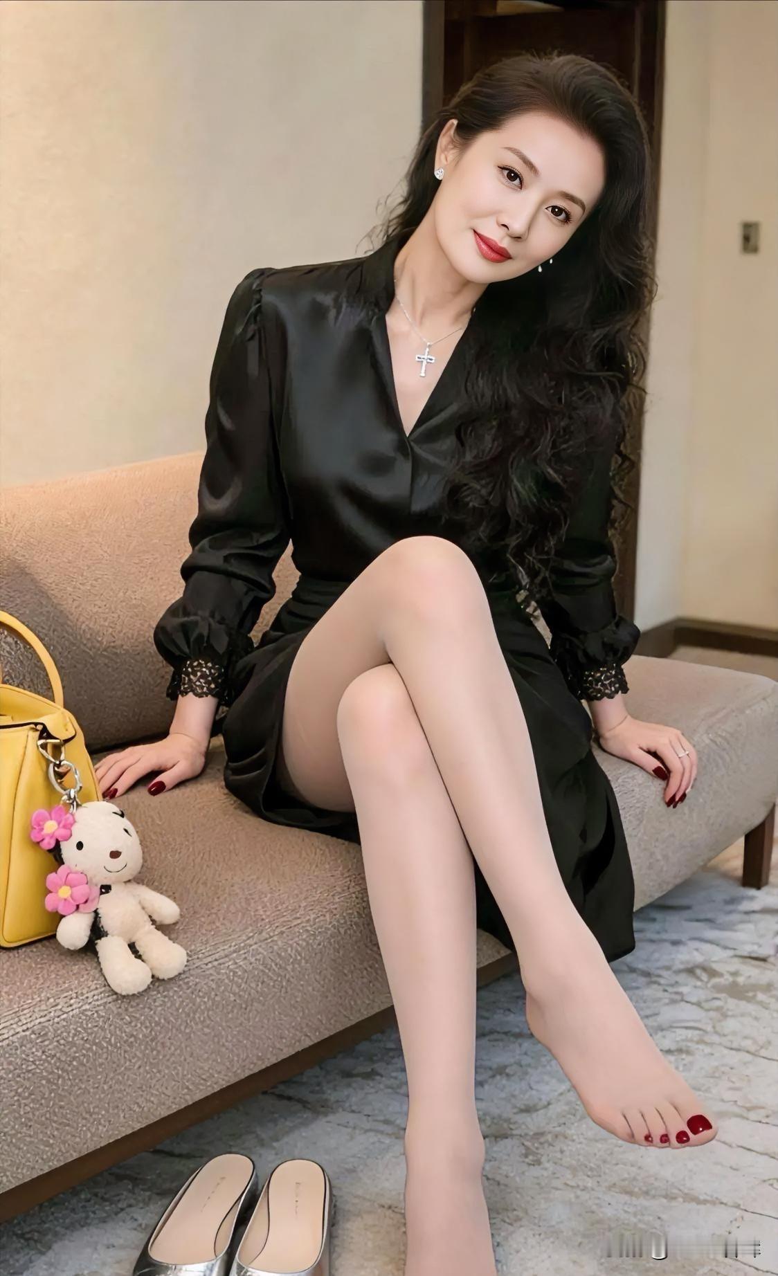 丝缎曳光，黑裙吻蕾丝柔肠；卷发如瀑，垂落夜的温婉模样。银鞋静卧，等风来叩