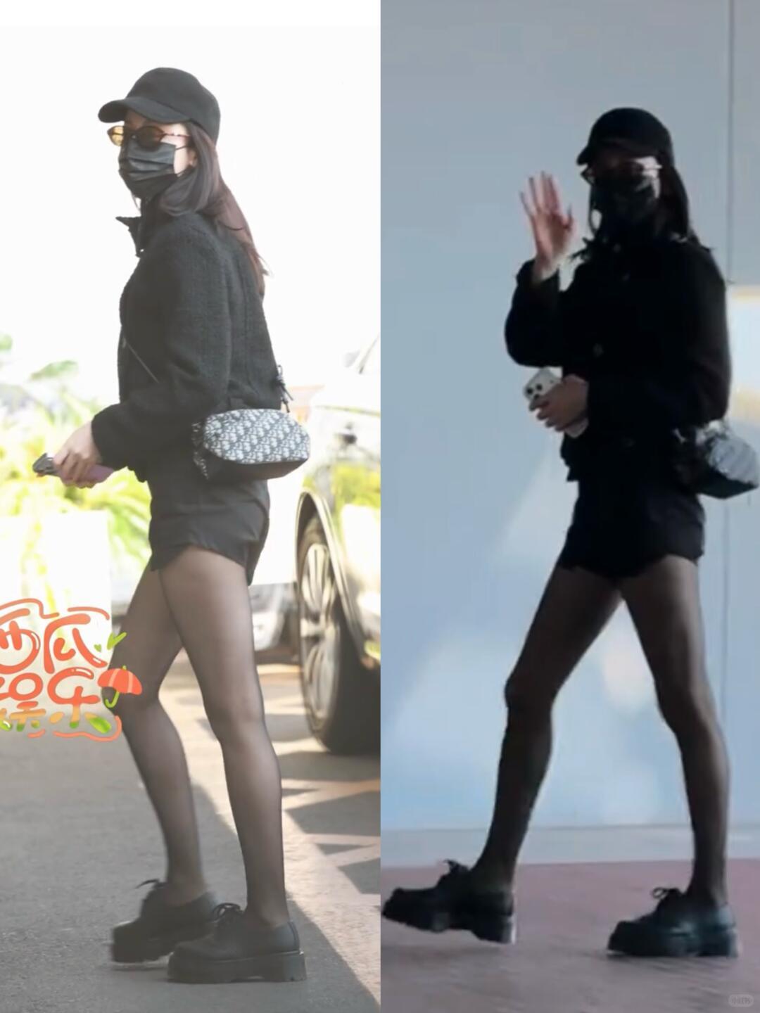 杨超越迪丽热巴今日机场都穿了黑丝，一个Allblack西服配短裤，一个格纹西