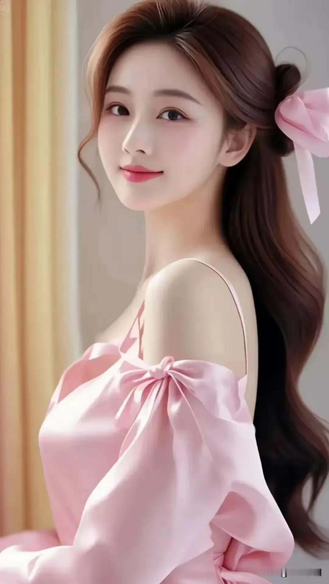 粉缎礼裙揉着甜软，蝴蝶结系着少女心，侧颜漾着蜜桃汽水般的清甜与娇俏粉裙仙女