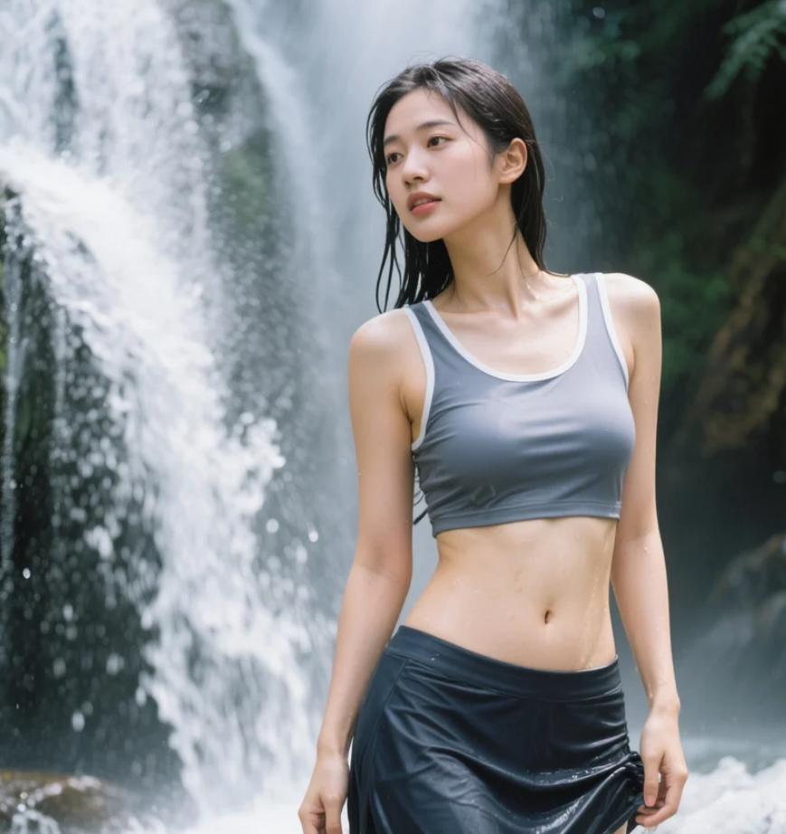瀑布下游泳的亚洲美女，清凉夏日的绝佳选择