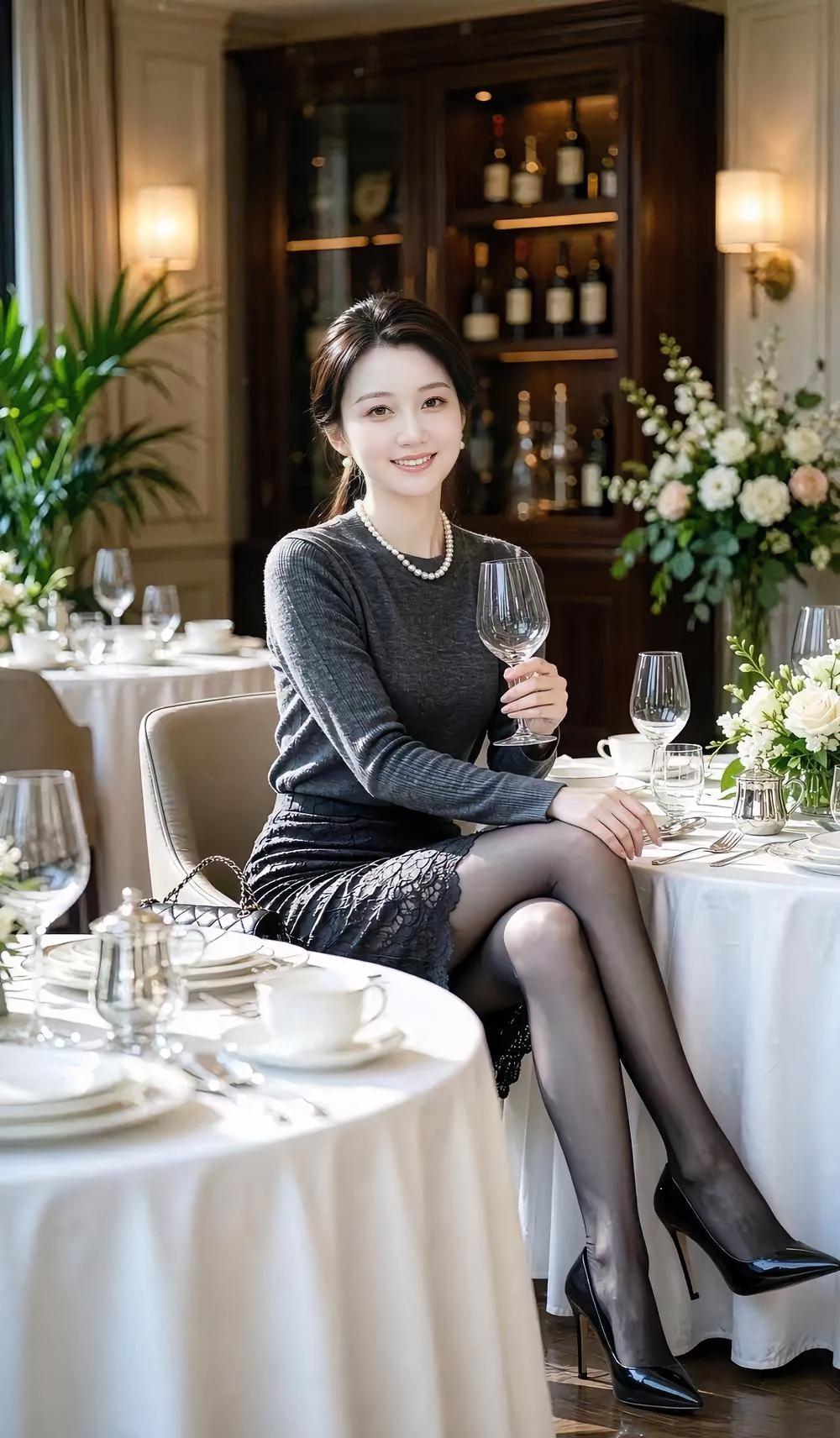 《杯盏间的温柔光》暖灯晕染着雅致的厅堂，白桌布铺开静谧的时光。你身着
