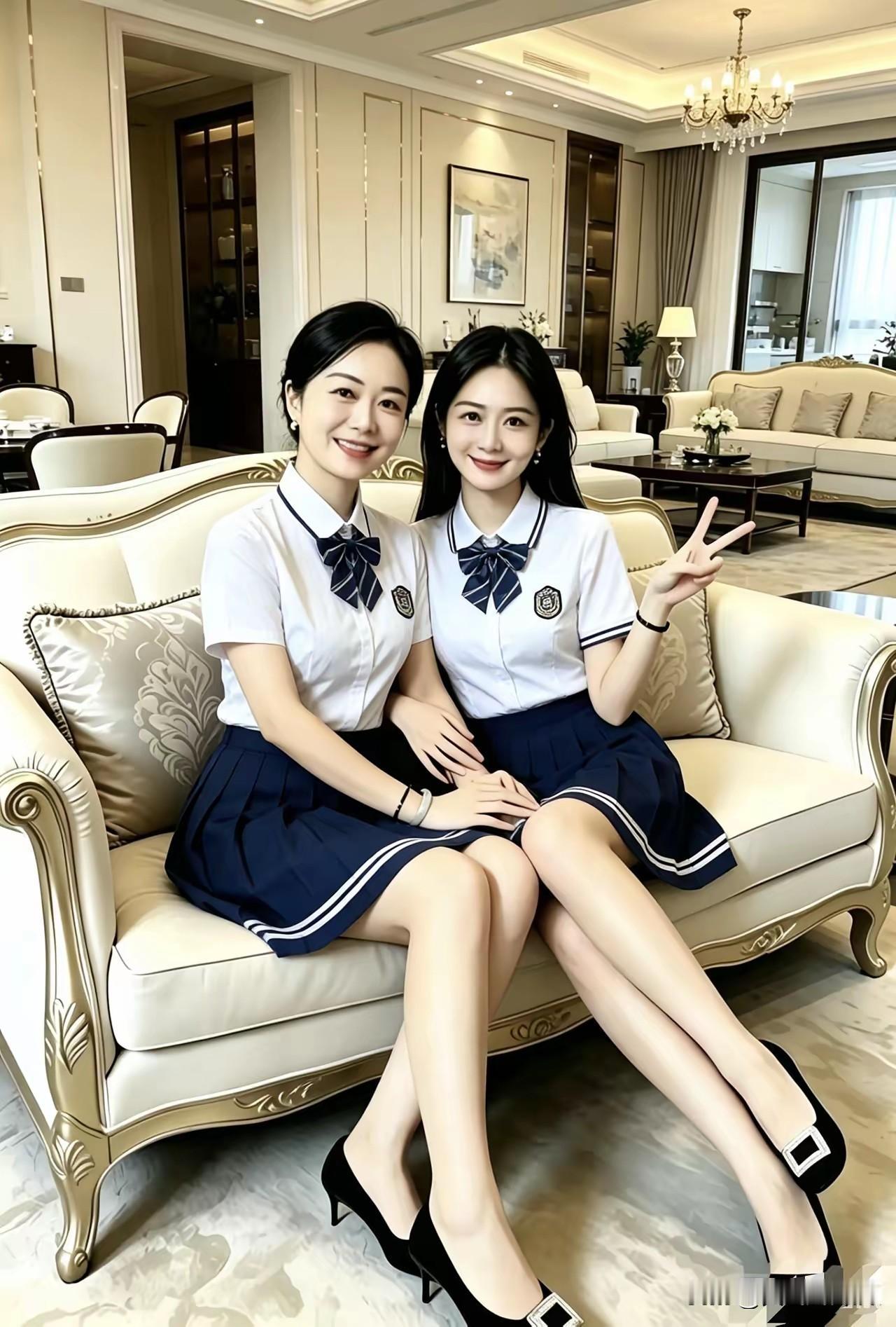 考眼力，这两位是母女关系，穿的是一样的服装，妈妈43岁女儿21岁，乍一看都差不多