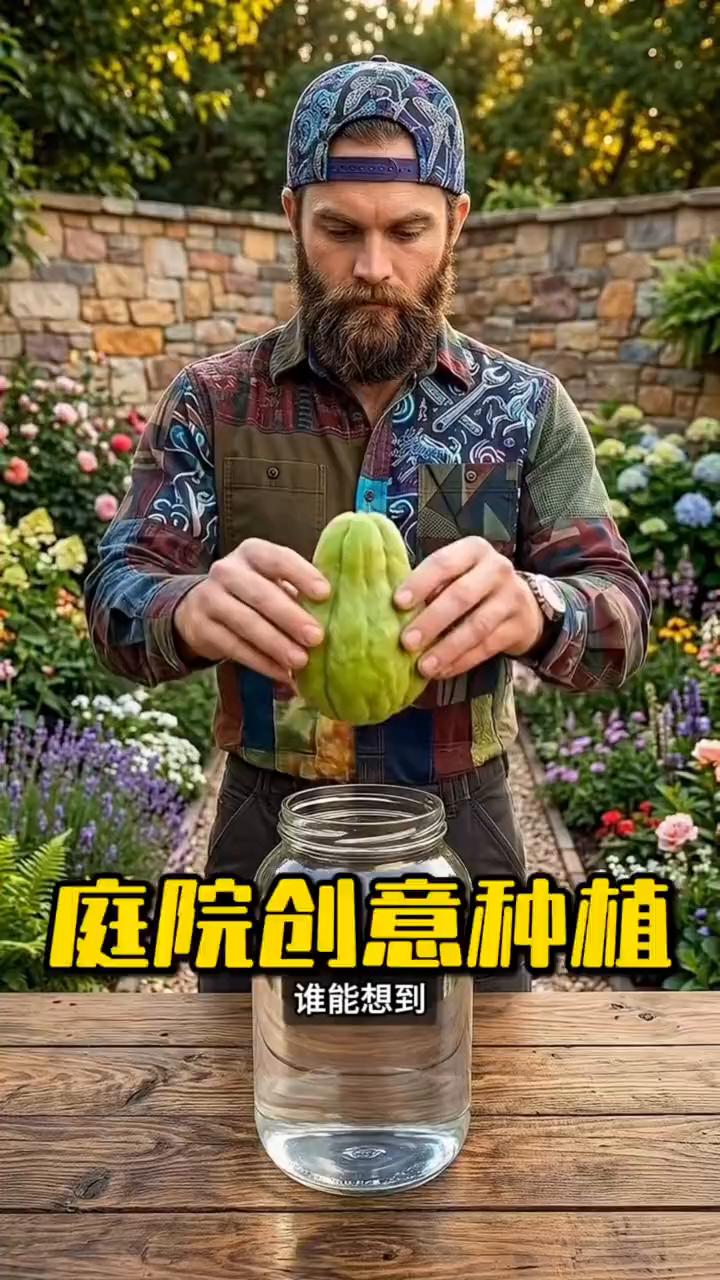 庭院创意种植。谁能想到佛手瓜居然不用直接埋进土里。·男子先把它放进瓶子里的清