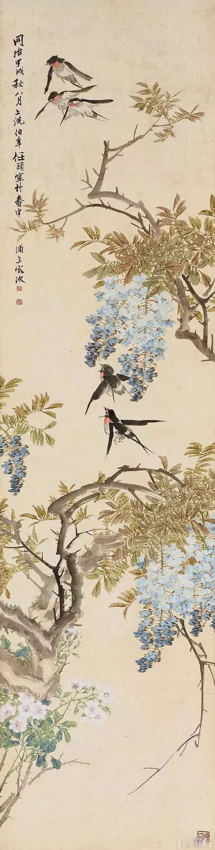 任伯年的紫藤花，格调清新。任伯年的绘画发轫于民间艺术，技法全面，山水、花鸟、人物