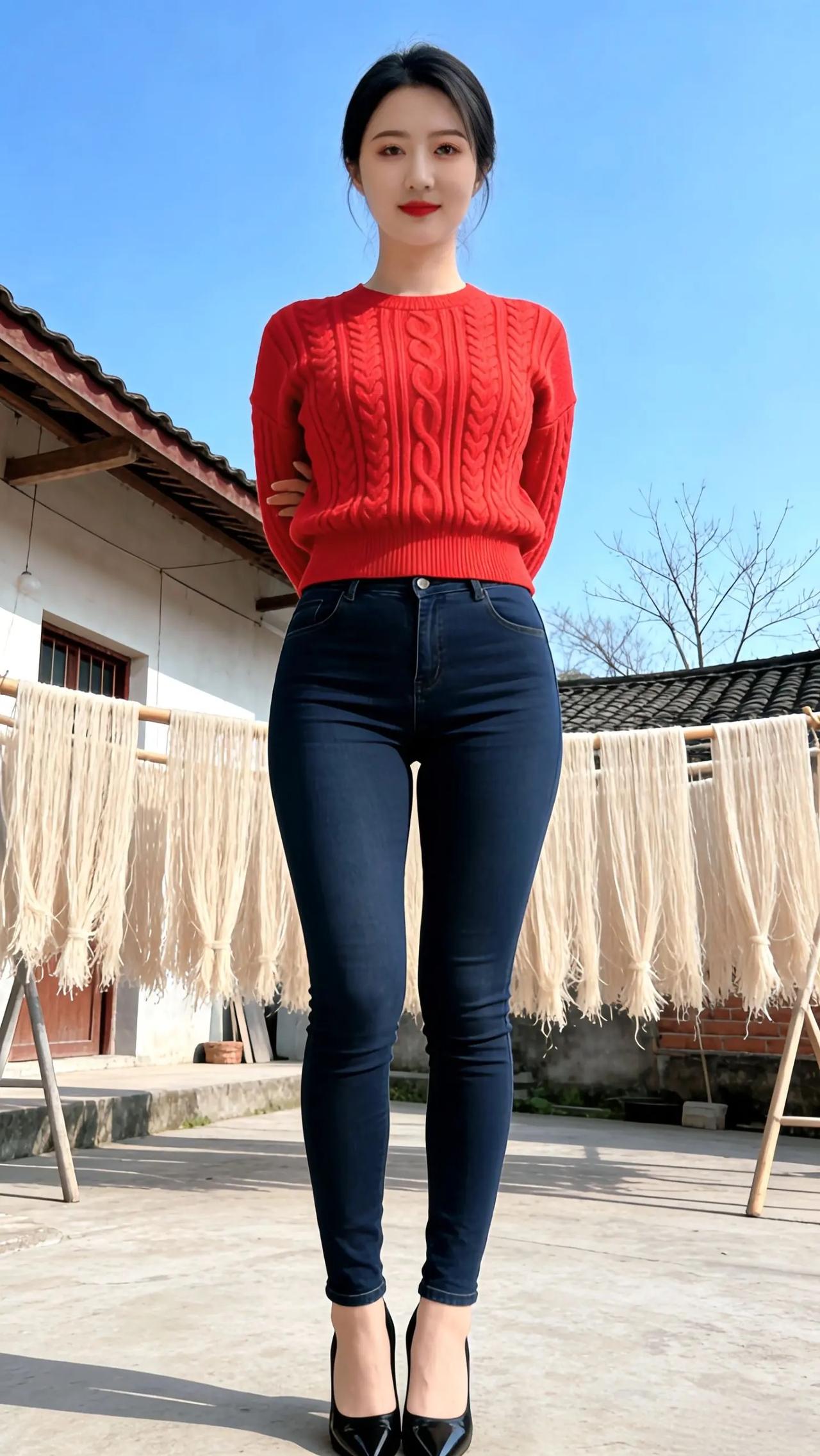 红衣少女，牛仔裤与高跟鞋的完美搭配，尽显青春活力！