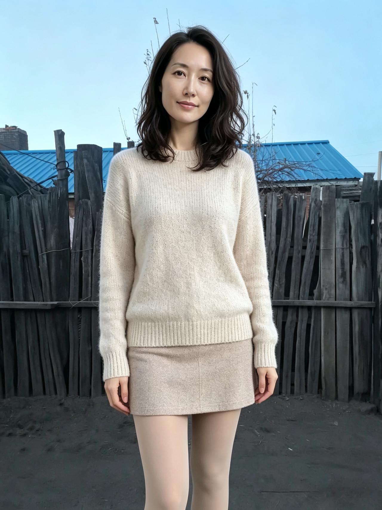 暮色初临巷陌深，毛衣温软裹玉身。裙裾微动春生处，半是村烟半是人。