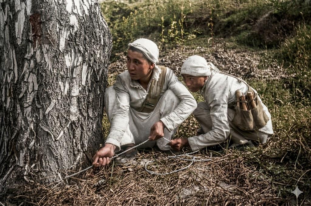 1944年，由美国记者哈里森·福尔曼拍摄敌后抗日民兵准备引爆拉绳地雷瞬间。照片