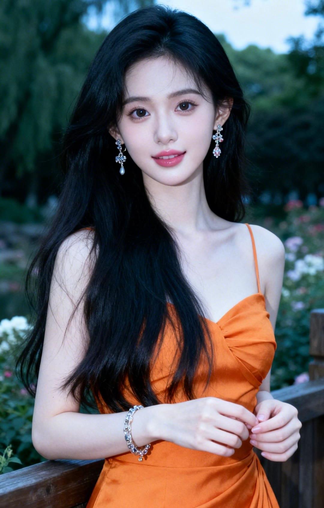 红衣美人倚栏立，笑语如花映晚霞。