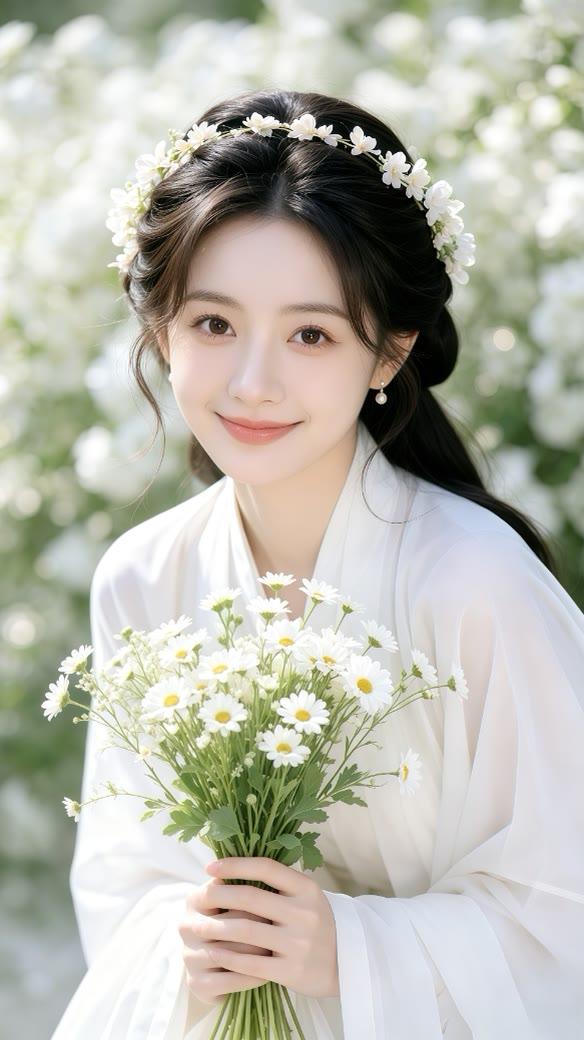 温柔花环少女，手持雏菊，清新自然