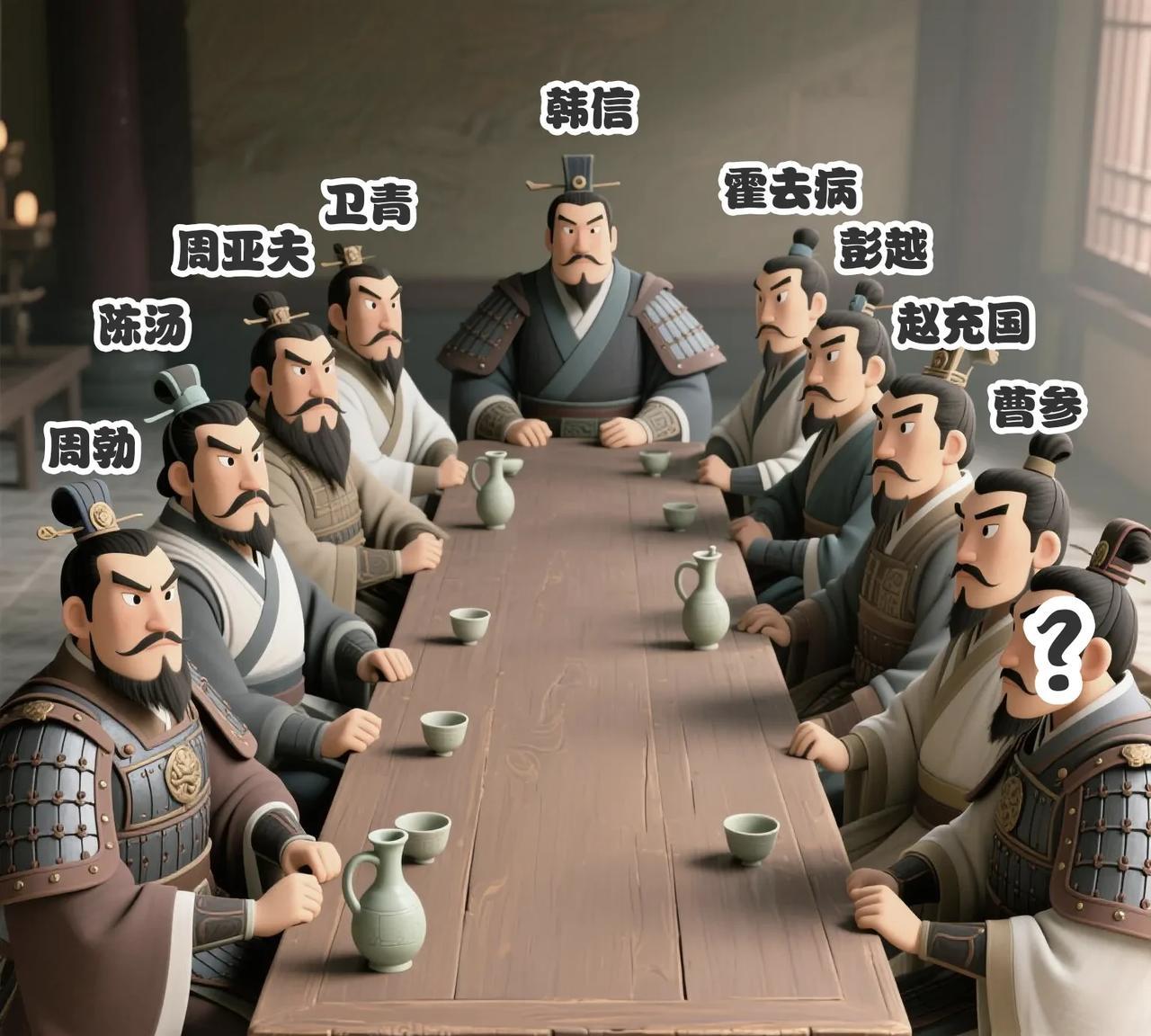 西汉虽然名将如云，但能上桌的只有9人，兵仙韩信毫无疑问的第一，卫青和霍去病作为帝