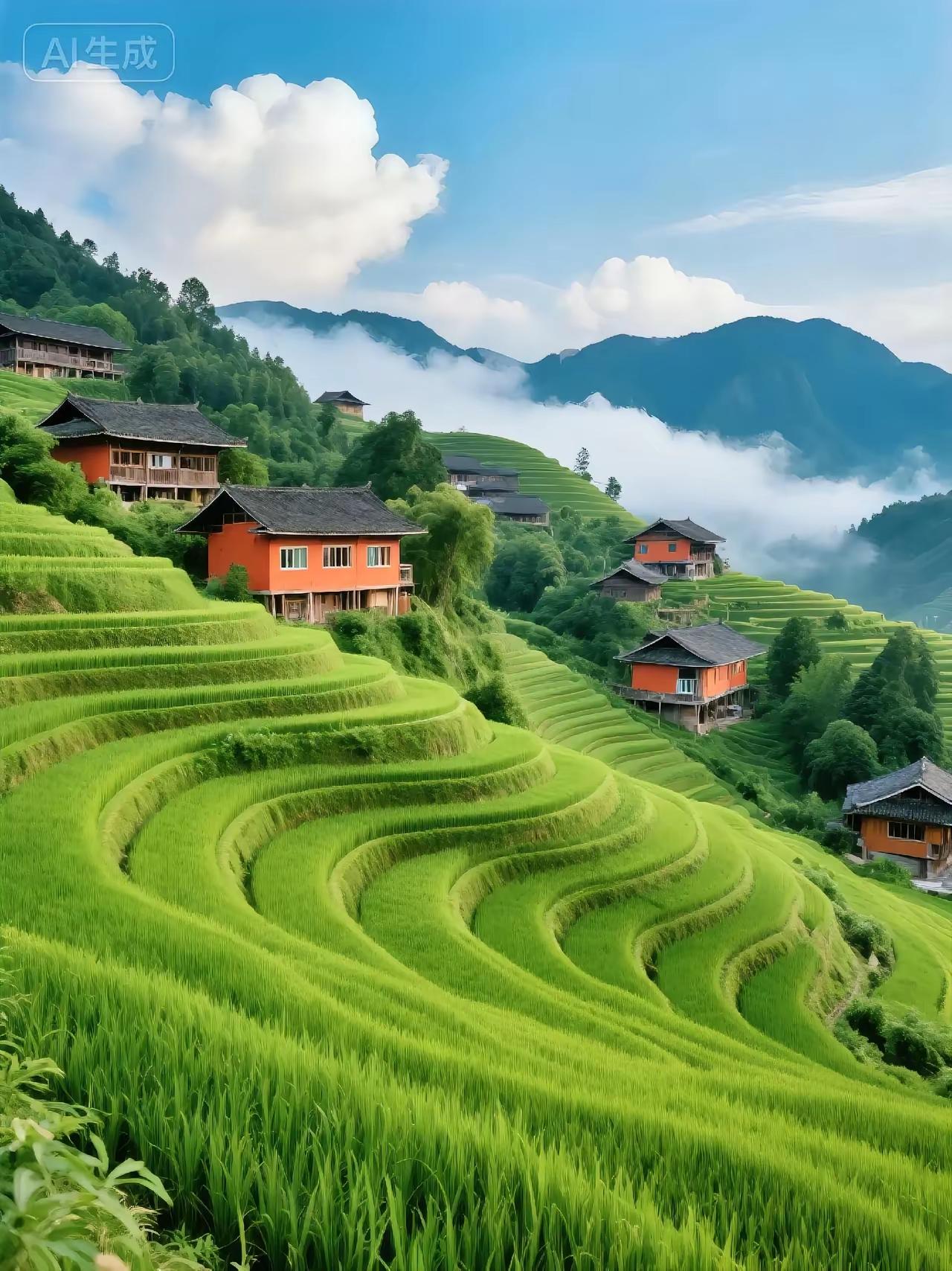 云雾缭绕的梯田间，红墙黑瓦的房屋错落有致，宛如世外桃源。