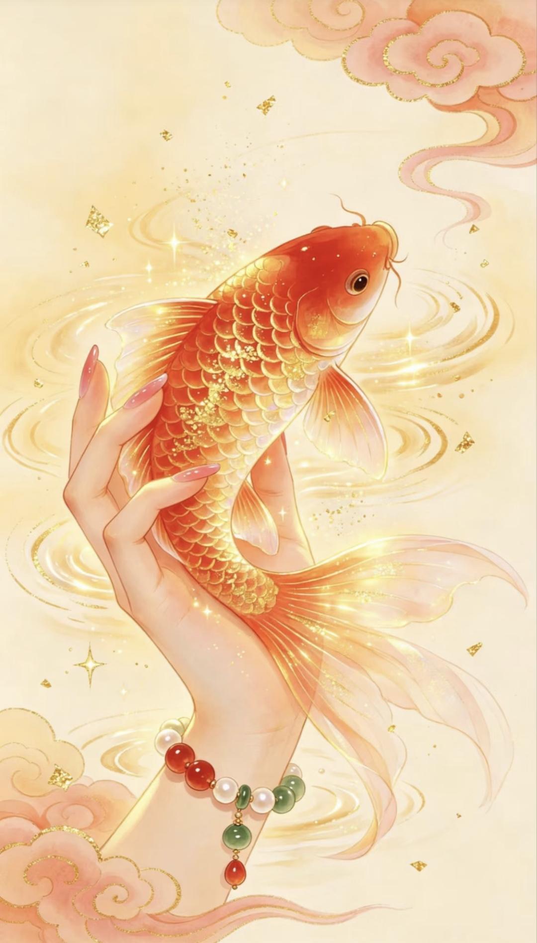 ​掌中托着红锦鲤，财源福气都归你。祝你:好运常伴，万事顺心，日日欢心传统文化传