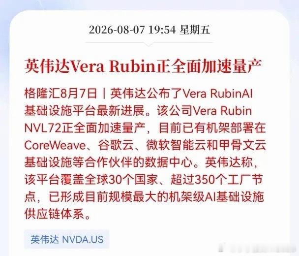 好消息！重磅好消息！英伟达发布重大利好消息！Vera Rubin正全面...