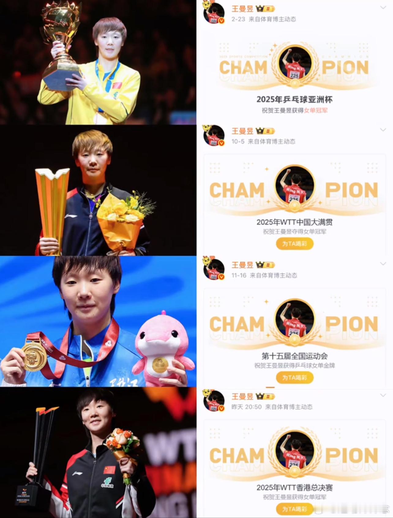 盘点一下王曼昱的荣誉簿，真的会被吓一跳。世乒赛单打冠军、亚运会单打冠军、全运会单