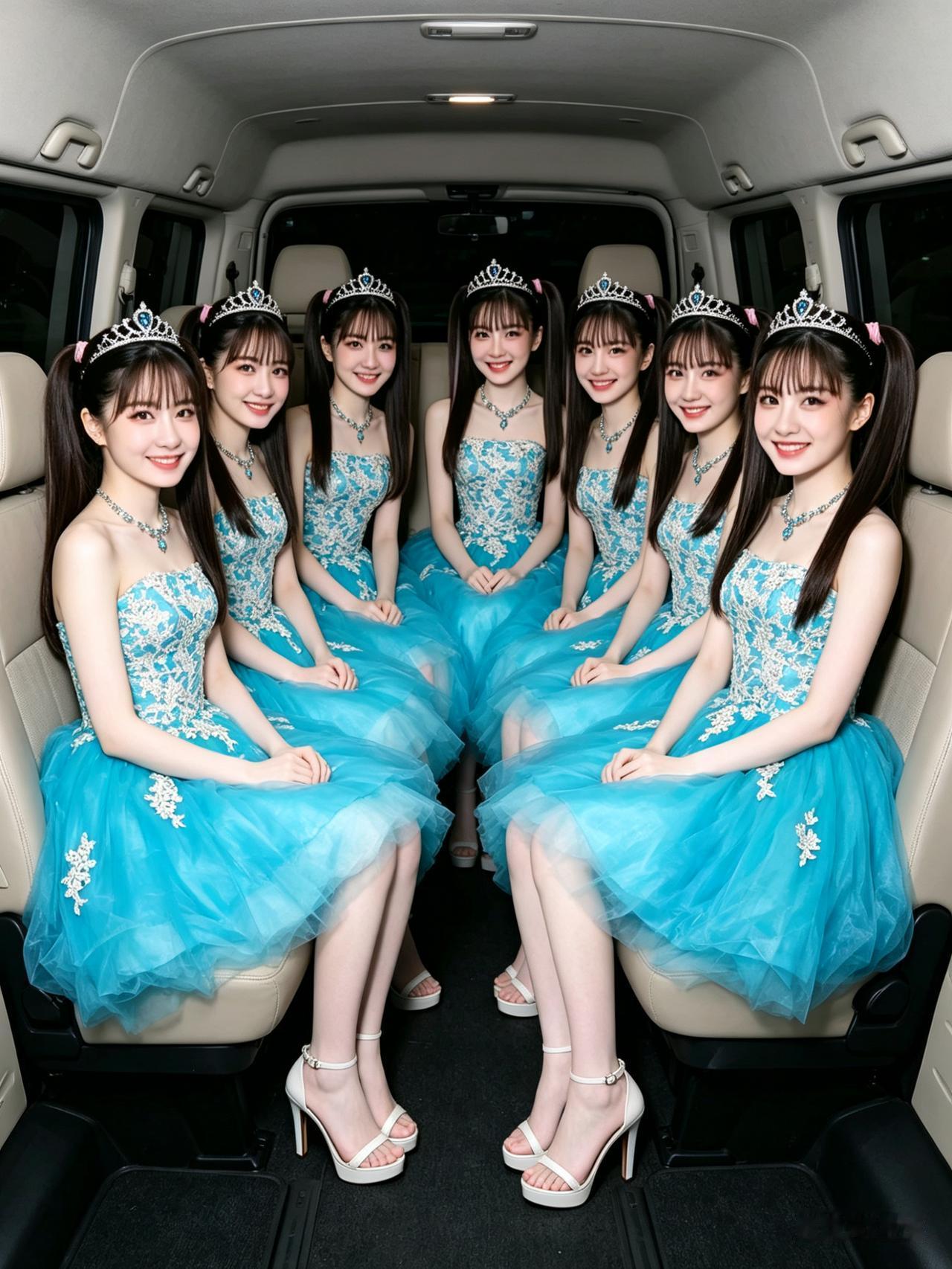 七位仙女儿坐车厢，蓝裙皇冠亮堂堂。笑靥如花春风漾，敢问此行去何方？