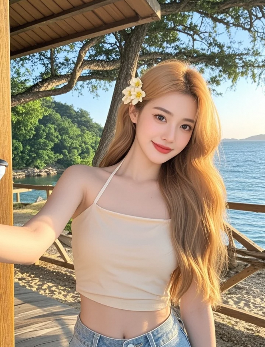 海边木屋度假记：美女在树影与海风中的悠闲时光