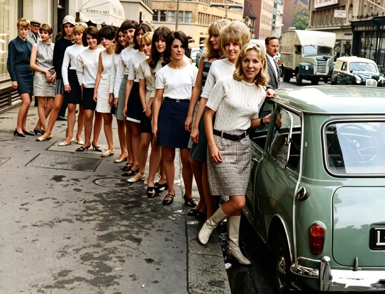 这是1966年一场极具趣味性的载人挑战。当天，15名英国女孩身着连衣裙，依次有序