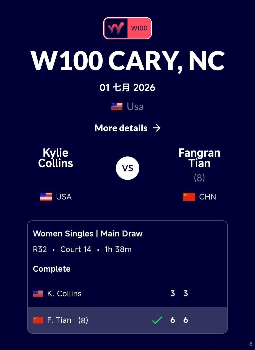 W100卡里站🇺🇸女单第1轮田方然🇨🇳6-3/6-3战胜凯莉-柯林斯🇺