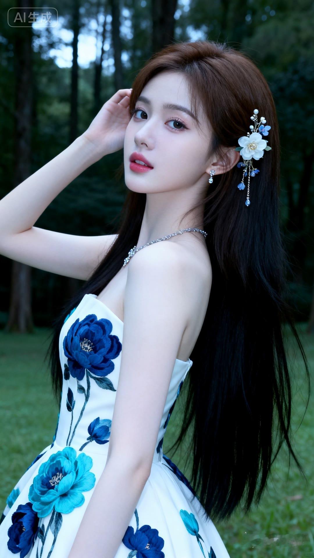 花间美人影，玉簪映绿阴。