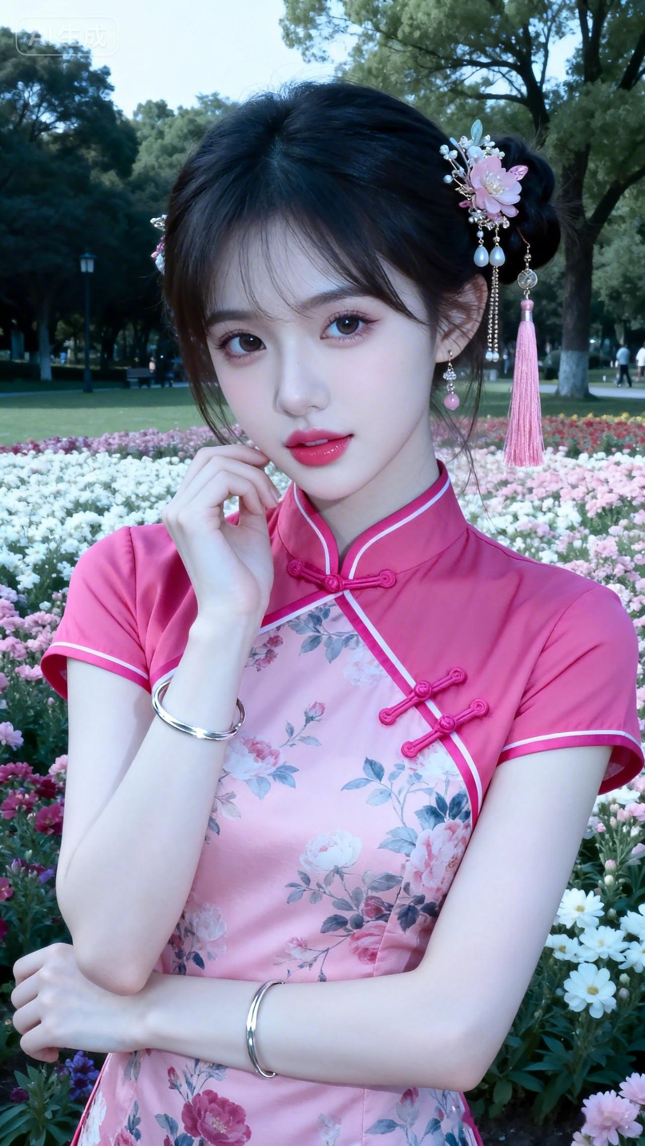 花海公园中，薇薇正面出镜，超清晰画质，妆造精致可爱，冷白皮细腻透亮。玫红撞色斜襟