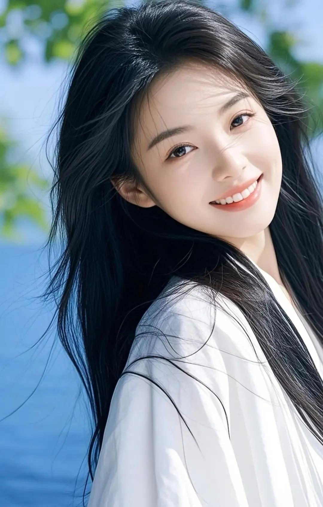 阳光下的甜美笑容，黑发飘飘，清新自然！🌞😊