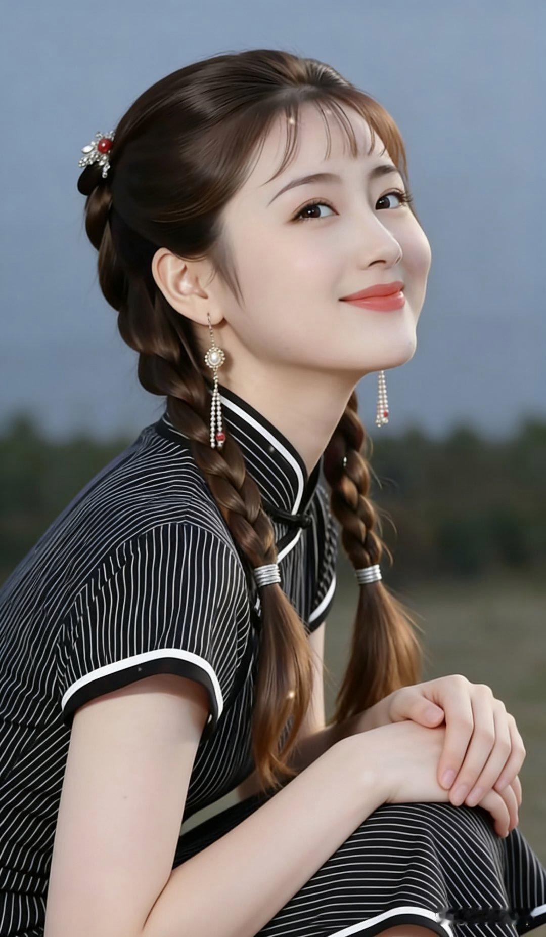 甜美少女风，黑白色调，复古发辫，优雅微笑