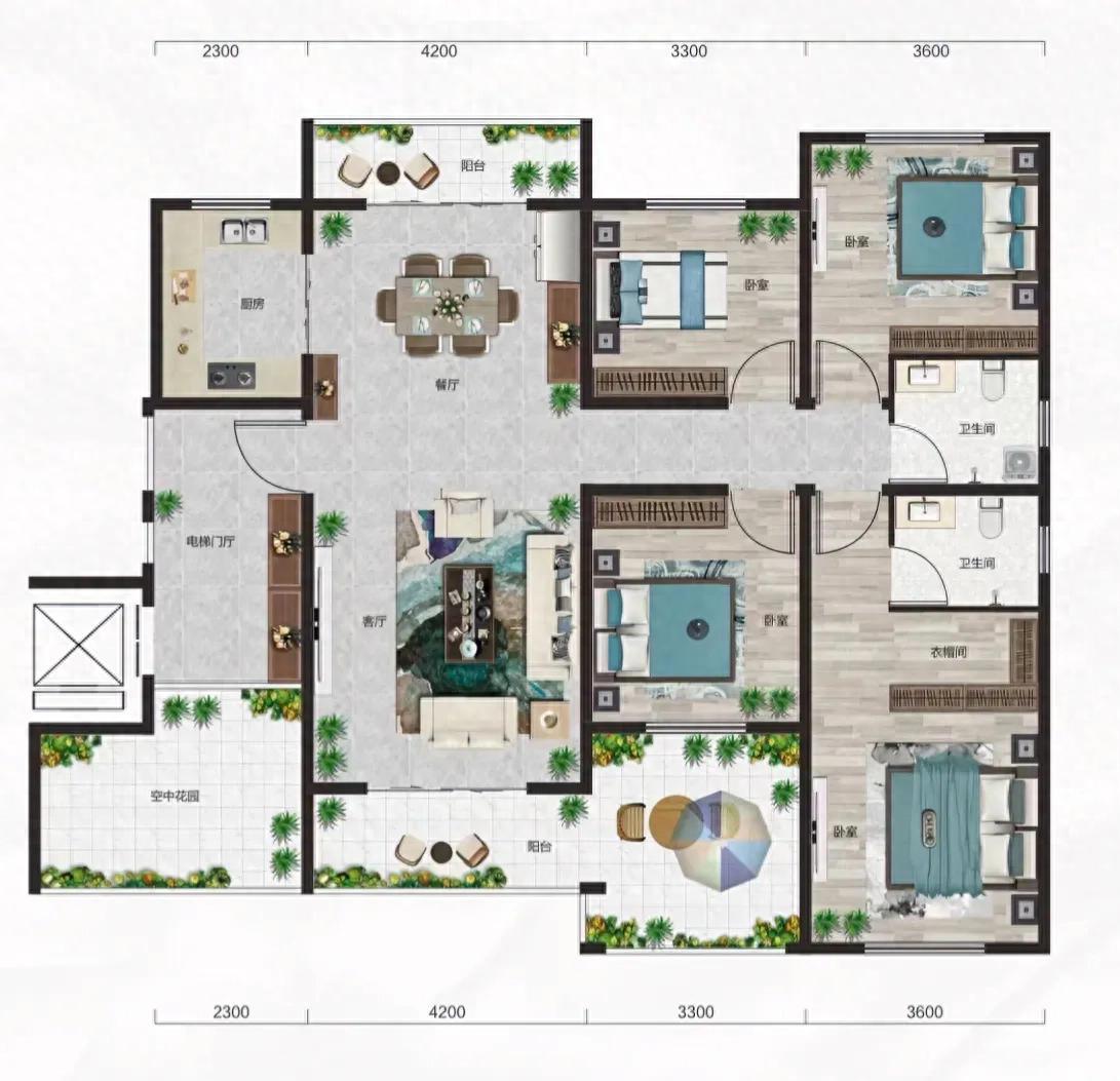 198.5㎡的房子展现出的就是极致的有层次的空中花园，特别是电梯进门口之后就有一