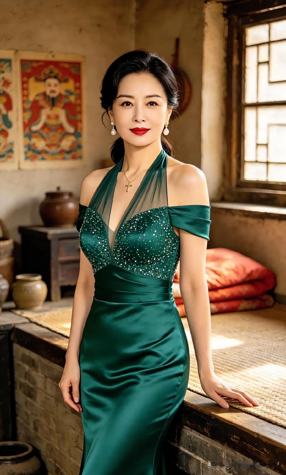 墨绿丝缎勾勒曼妙身姿，碎钻璀璨如星河入梦。古窗透暖光，映她红唇点染、珠翠轻摇，于